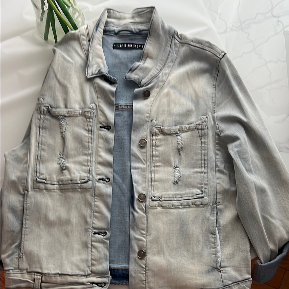 Fashion Nova Light Gray Distressed Jacket